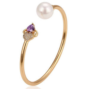 Heart Amethyst Faux Pearl 18k Gold Plated Open Bangle
